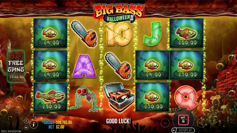 Big Bass Halloween 2 spin 454 - CREDIT $99,765.80, Dead Fish Money symbols with on-screen cash labels