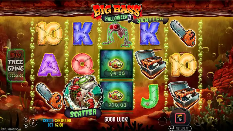 Big Bass Halloween 2 spin 871 - CREDIT $99,844.60 at Bet $2.00, Hooked Bass Scatter symbol visible