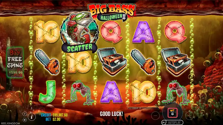 Big Bass Halloween 2 spin 1,263 - CREDIT $99,887.60 at Bet $2.00, Scatter symbol and Chainsaw Wild visible