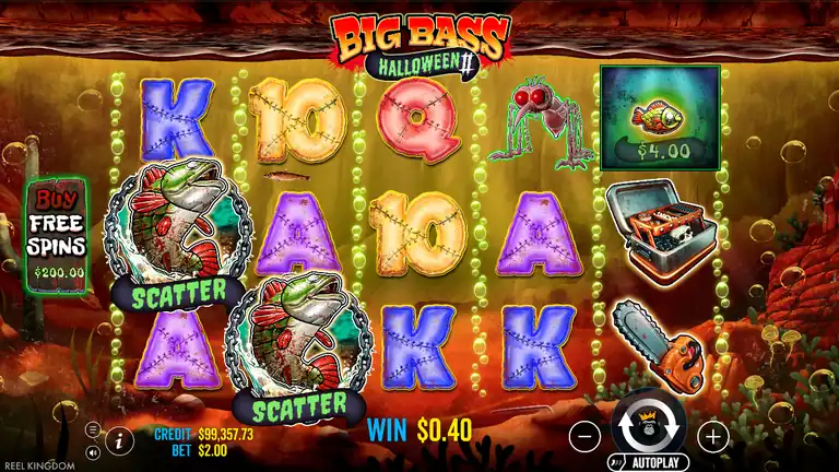 Big Bass Halloween 2 spin 1,719 final - CREDIT $99,357.73 at Bet $2.00, WIN $0.40, two Scatter symbols