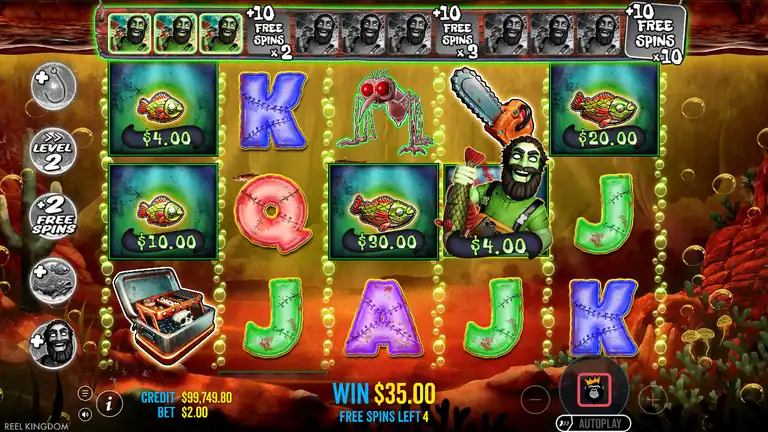 Big Bass Halloween 2 Free Spins Level 2 - Fisherman Wild collecting Dead Fish Money $4/$10/$30, WIN $35.00