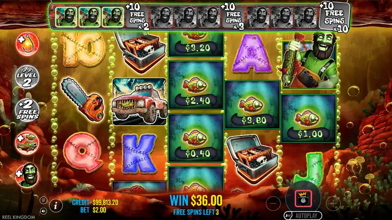 Big Bass Halloween 2 Free Spins Level 2 - Dead Fish Money symbols $3.20/$2.40/$0.40/$3.60/$1.00 on reels