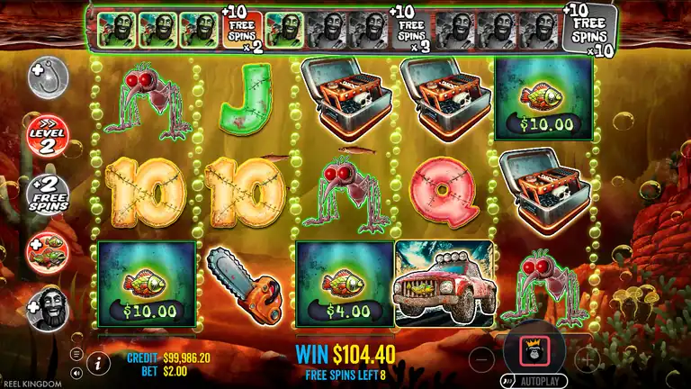 Big Bass Halloween 2 FREE SPINS Level 2 - fish values $10 and $4 on reels, WIN $104.40, FREE SPINS LEFT 8
