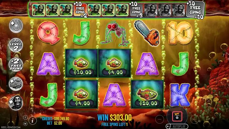 Big Bass Halloween 2 session max win $303.00 (151.5x), Free Spins Level 2, fish values $10/$4/$4/$20