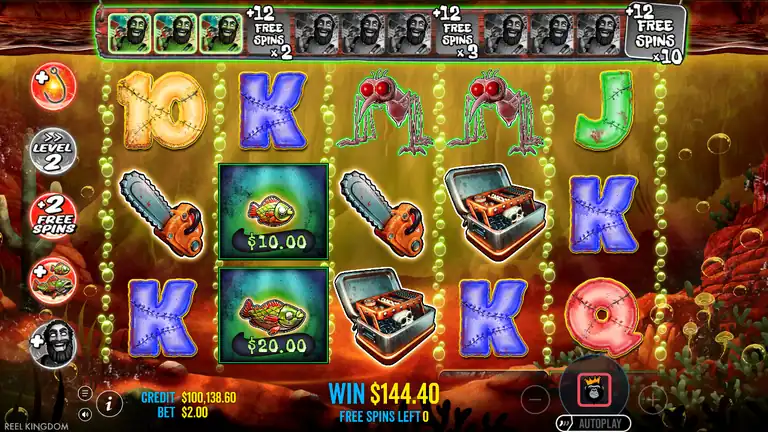 Big Bass Halloween 2 peak balance - CREDIT $100,138.60, WIN $144.40 at Free Spins end, Level 2